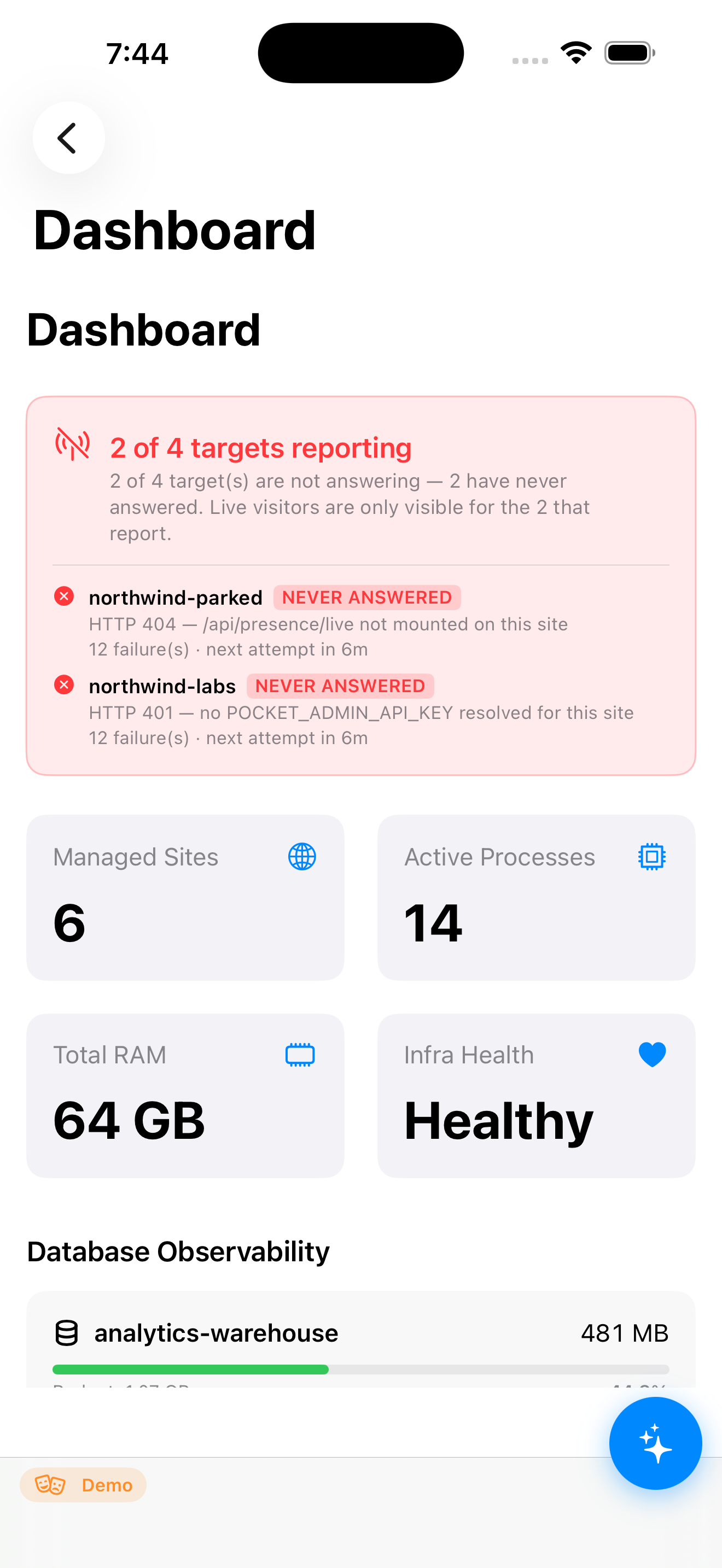 PocketBusiness iPhone dashboard showing the same operational health on mobile